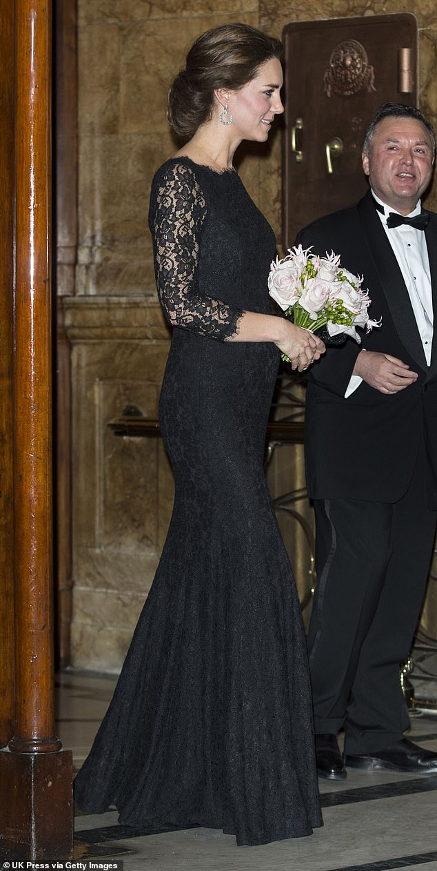 At her Royal Variety Performance debut in 2014, Kate opted for a demure black lace dress by Diane von Furstenberg.