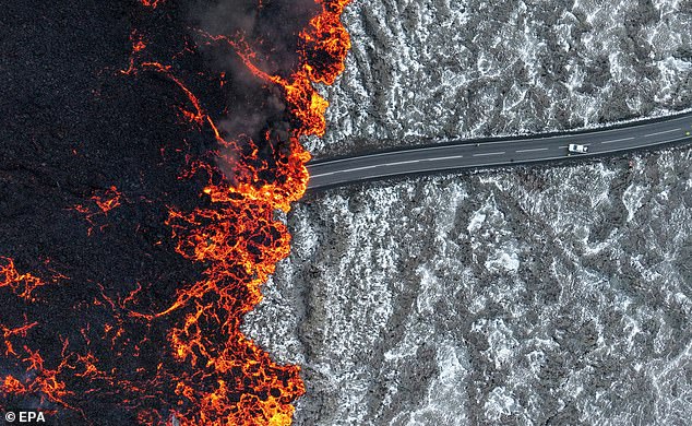 Fire and Ice: Enveloping the surrounding landscape, an icy path can be seen in the path of the last eruption