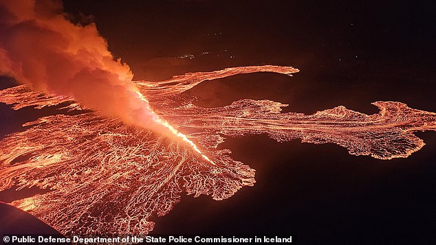 A photograph released by the Icelandic State Police Commissioner's Public Defense Department shows the impact the newly erupting fissure has had in southwestern Iceland.