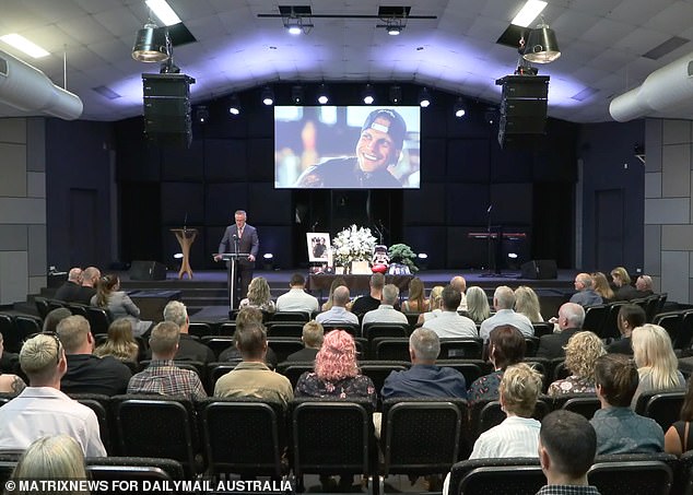 Mourners gathered inside a Noosa funeral home to pay their respects to the bodybuilder and fitness influencer.