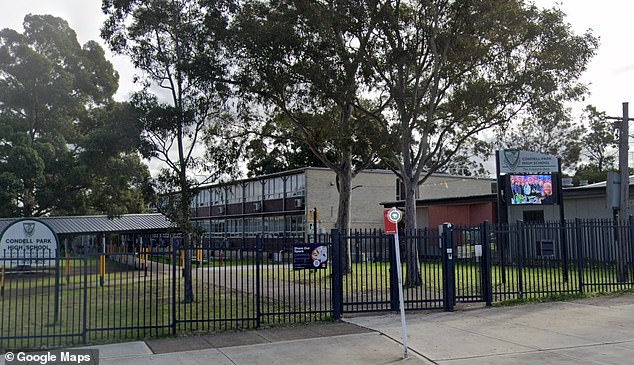 Staff at Condell Park High School (pictured) asked the student to remove the garment during the graduation ceremony and accused him of making a political statement.