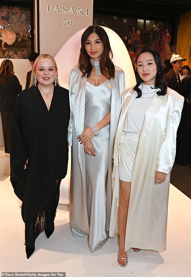 Nicola accessorized the look with TASAKI Atelier Waterfall fine jewelery as she posed with Gemma Chan and Yerin Ha at the event.