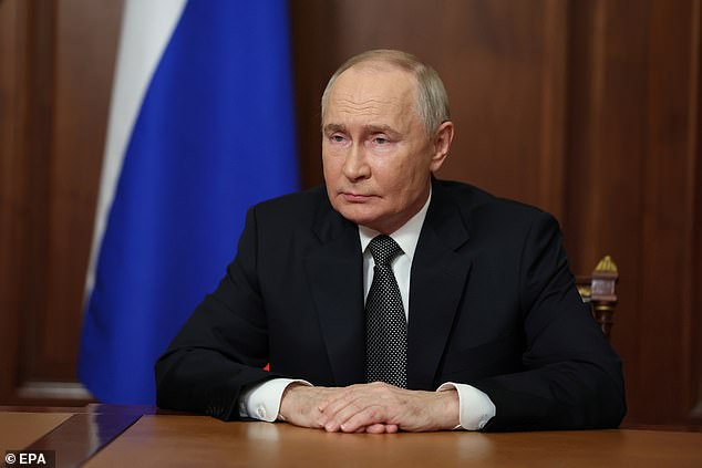 Russian President Vladimir Putin delivers a speech to personnel and citizens of the Russian armed forces at the Kremlin in Moscow, Russia, Nov. 21, 2024.