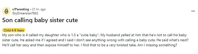 The anonymous woman took to Reddit to reveal that her spouse no longer wanted their son to refer to their one-year-old daughter as cute.