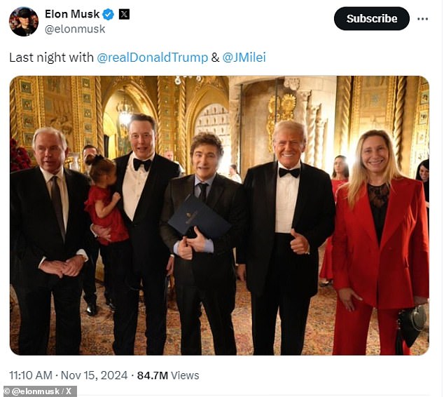 Musk posted a photo with Trump and Argentine President Javier Milie (center)