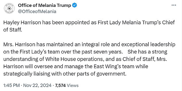 1732318838 77 Melania Trump announces her first major appointment to the White