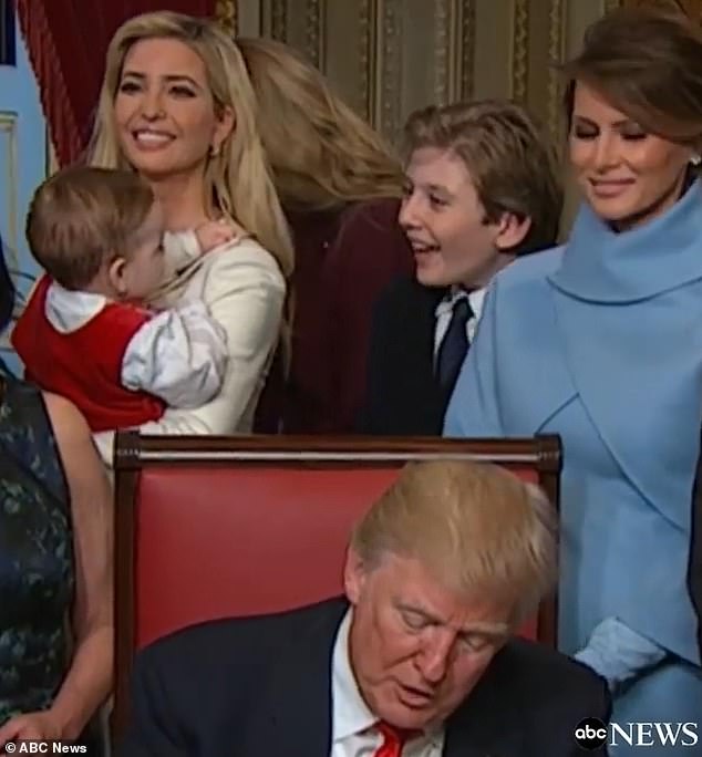 She then continued cooing at the adorable baby, while her mother Melania looked at them both lovingly.