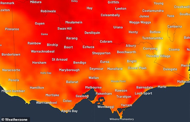 Northerly winds are expected to sweep the warm weather system towards Victoria and South Australia with the warm conditions brought on by a trough (weather map pictured)