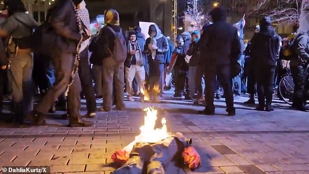 Anti-Israel protesters see an effigy of Benjamin Netanyahu set on fire in Montreal