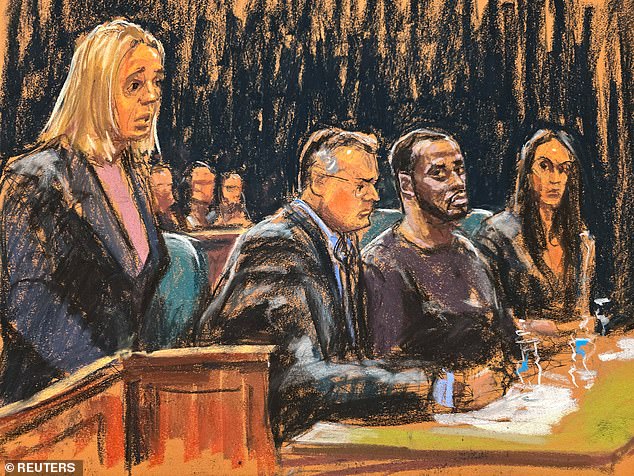 Assistant U.S. Attorney Emily Johnson defends the prosecution while Diddy and his defense attorneys Agnifilo and Geragos sit during a bail hearing on September 18.