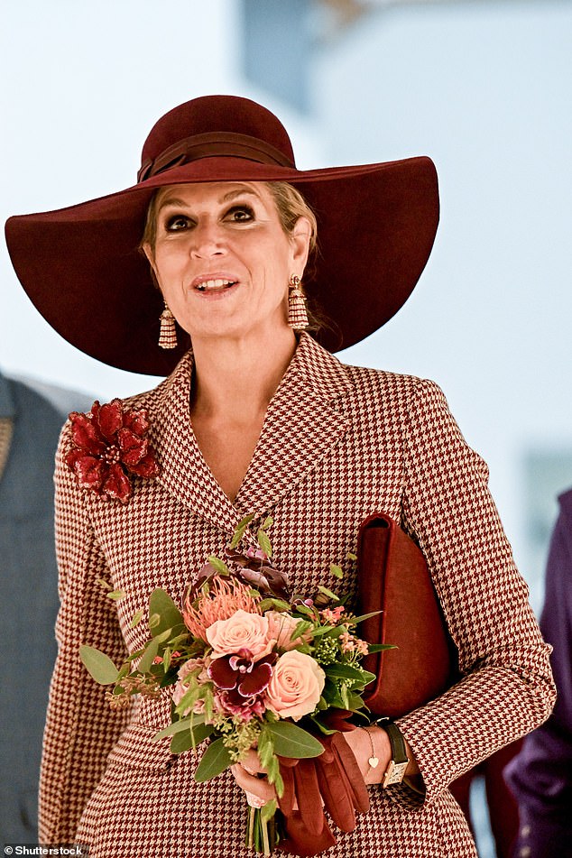 She wore a pair of elegant gold earrings and a blood-red echinacea-shaped brooch.