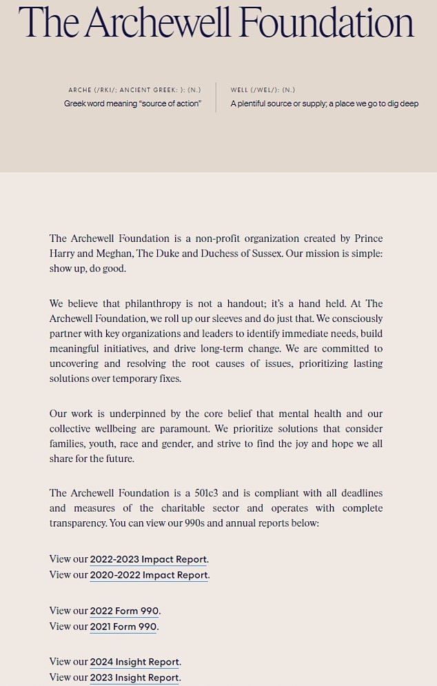 Archewell's website has its 2021 and 2022 990 tax return forms publicly available, but not the latest one from 2023. Above the documents the charity has posted reads: 