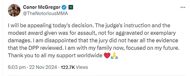 McGregor has since vowed to appeal the decision, saying he was 'disappointed' and 'focused on my future'