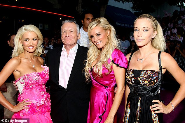 From left, playmate Holly Madison, editor Hugh Hefner, playmate Bridget Marquardt and Wilkinson arrive at the 2008 premiere of House Bunny in Westwood.