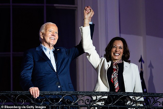 US President Joe Biden, left, and Vice President Kamala Harris on the Truman Balcony of the White House in Washington, DC