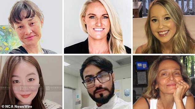 Bondi stabbing victims (top left to right) Jade Young, Ashlee Good, Dawn Singleton, (bottom left to right) Cheng Yixuan, Faraz Ahmed Tahir and Pikria Darchia