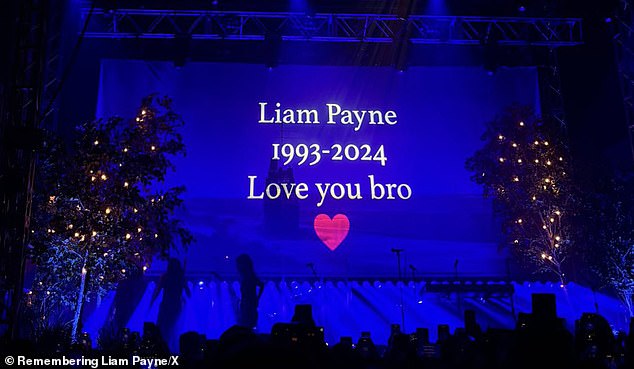 The singer, 31, performed at Leeds 02 Academy as part of his Stairway To The Sky tour in front of a backdrop that read: 'Liam Payne 1993-2024. I love you brother' and a red heart