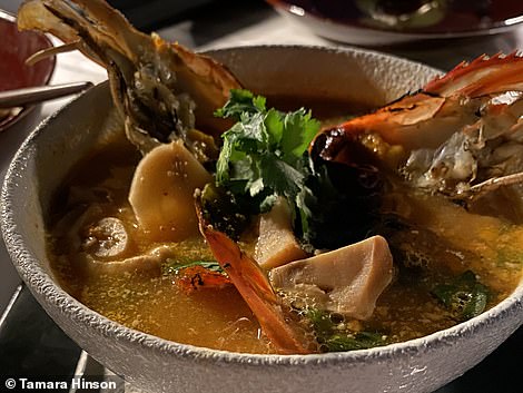 One of Tamara's dinners at Capella: shrimp and mushroom soup.