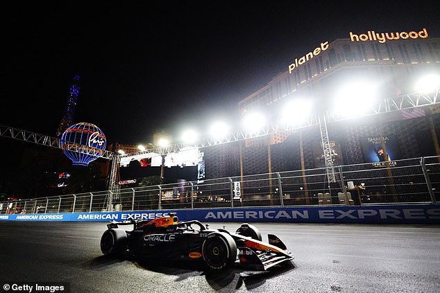 Max Verstappen's Red Bull passes Planet Hollywood Casino on the Las Vegas Strip