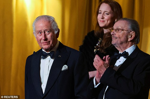 Although the Queen managed to attend several performances last week, she left King Charles to enjoy the Royal Variety Performance alone. The King appears in the photo from Friday's event.