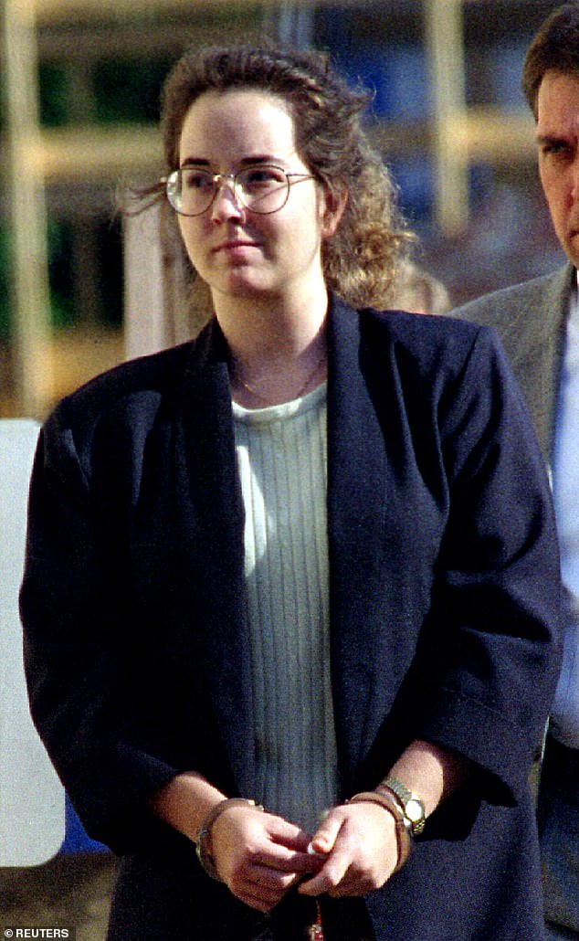 The married mother of two reportedly had an affair with a man who did not want children. Smith is pictured in handcuffs being led away from the Union County Courthouse before her sentencing in October 1994