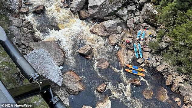 Scene from the Franklin River rescue where a man in his 60s was trapped and had to have his leg amputated. Image: Tasmania Police