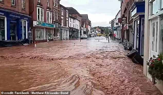 The town was submerged today when the nearby Kyre Brook rose and caused a wall to collapse.