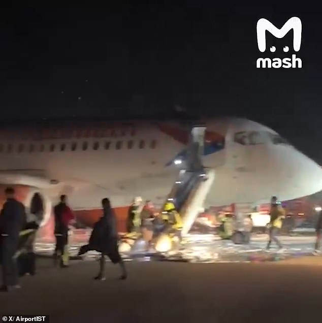 Azimuth Airlines' Russian-made Sukhoi Superjet 100 passenger plane caught fire on Sunday after landing at Antalya airport on the Mediterranean coast. Here you can see the emergency services at the scene.