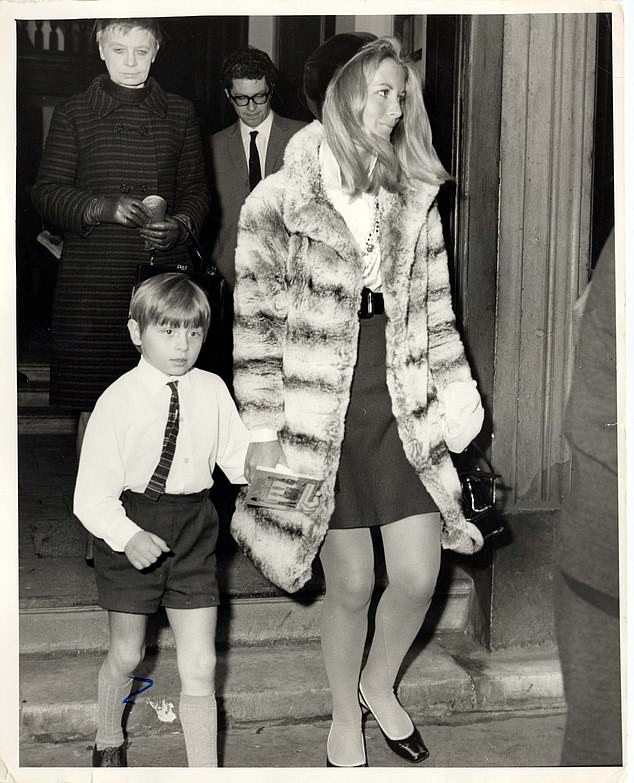 Sandra Douglas-Home is seen arriving with her son Alexander at the memorial service held for her ex-husband, who committed suicide, at St James's Church in Piccadilly in November 1968.