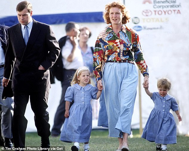 Prince Andrew walking alongside Sarah as he holds his daughters' hands at the Royal Windsor Horse Show in 1992, just after their official separation.