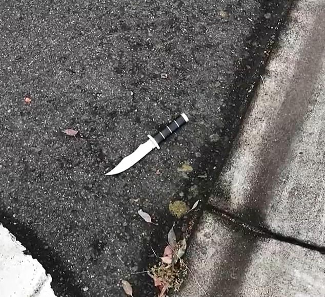 The 19-year-old allegedly stabbed Mr Cook after telling him to get out of the ute (pictured, knife found at the scene)