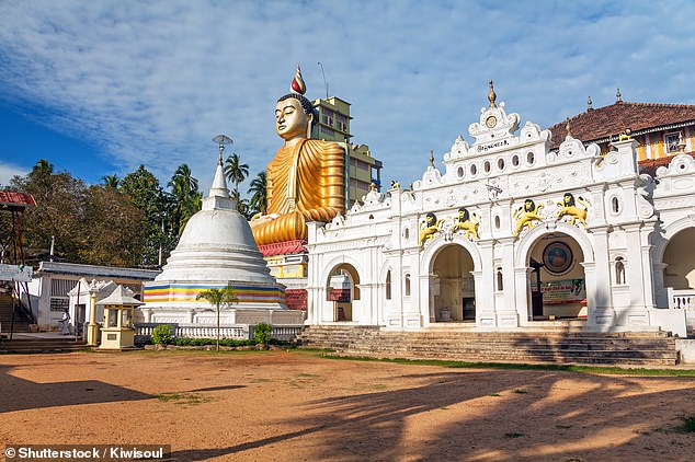 Above, a golden Buddha statue in one of Tangalle's colorful temples.