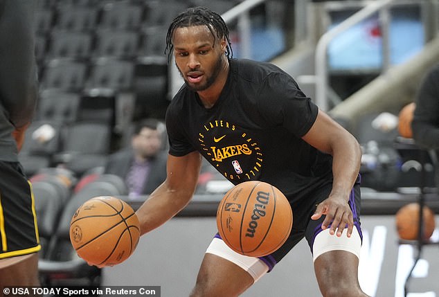 Los Angeles Lakers guard Bronny James (9) warms up before a game