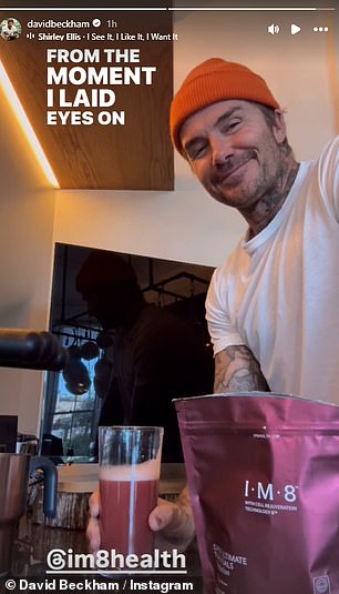 On his Instagram Story, David was seen mixing an all-in-one wellness complementary drink from his new brand IM8 after his workout.