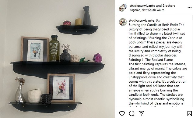 In recent weeks she has shared photos of her watercolor painting inspired by Australian nature that reflect her journey to being diagnosed with bipolar disorder.