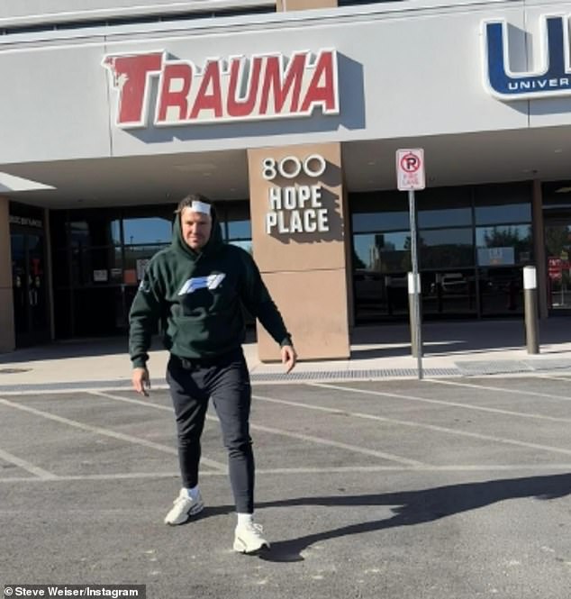 Mark was pictured leaving hospital after cutting his head during the fall.