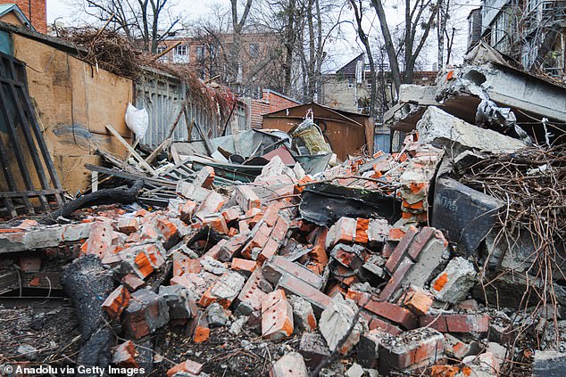 A view of the destruction after Russian forces launched a missile attack on the Kyivskyi district of Kharkiv, Ukraine, on November 25, 2024.