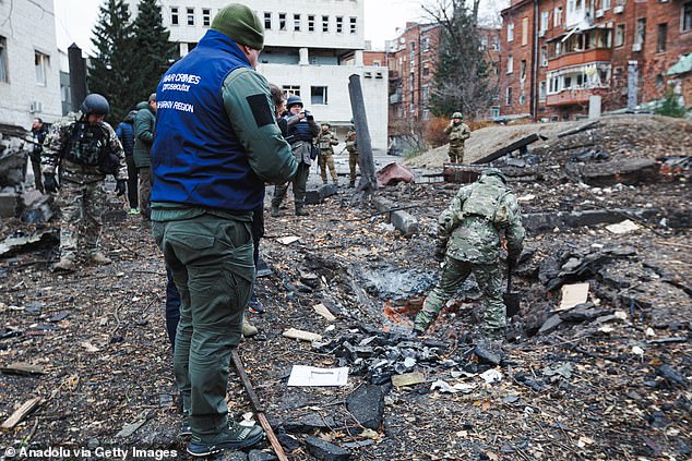 A view of the destruction after Russian forces launched a missile attack on the Kyivskyi district of Kharkiv, Ukraine, on November 25, 2024.