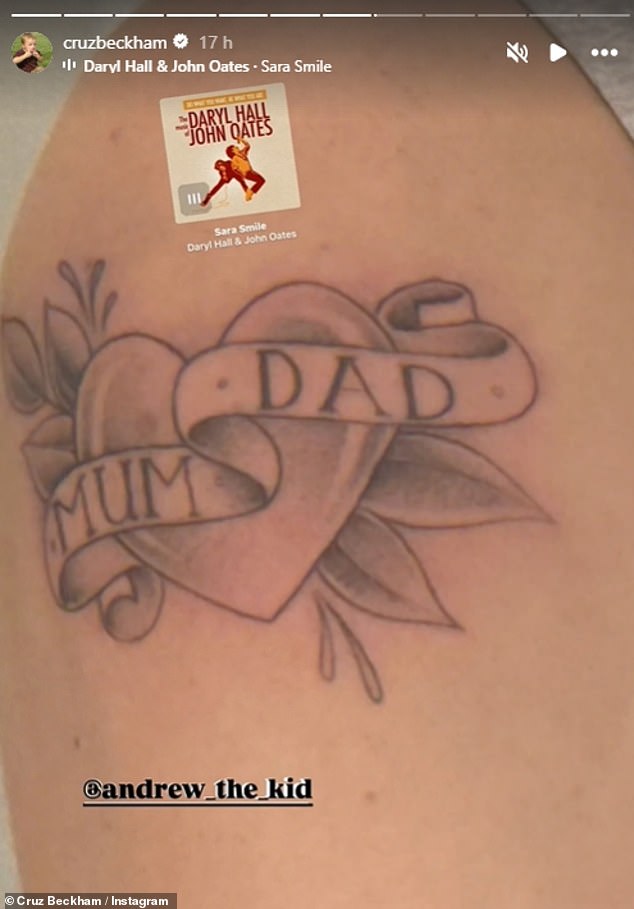 For her new tattoo, Cruz opted for a traditional love heart with flower details behind it and then the words MUM and DAD printed in capital letters.