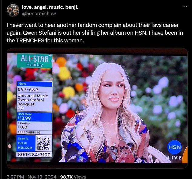 One of Gwen's loyal followers on X (formally Twitter) posted a screenshot of her appearance on HSN with a rather scathing comment.