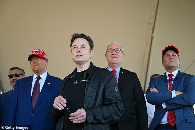 President-elect Donald Trump speaks alongside Elon Musk (C) and members of the Senate, including (L-R) Senator Ted Cruz (R-TX), Senator Kevin Cramer (R-ND) and Representative Ronny Jackson (R-TX) before he attended a viewing of the launch of the sixth test flight of the SpaceX Starship rocket