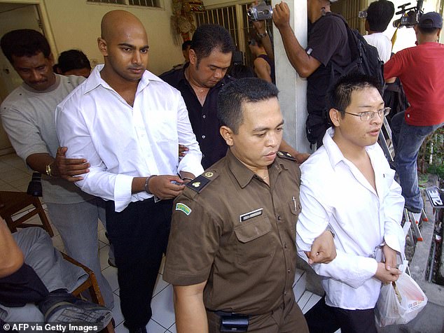 Myuran Sukumaran (left) was just 24 years old and Andrew Chan (right) 21 when they were arrested in Indonesia. Above, the couple after being sentenced to death by a Denpasar court on February 14, 2006. Nine years passed before they were shot to death.