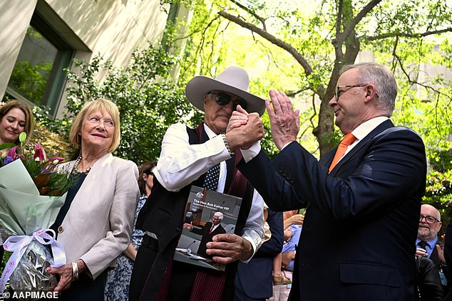 Maverick independent Bob Katter has just celebrated 50 years in parliament (pictured: being congratulated by Prime Minister Anthony Albanese)