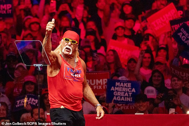 Hulk Hogan gives a thumbs up on stage during the Trump rally at Madison Square Garden last month. Hogan said he discussed with then-GOP nominee Donald Trump backstage about becoming chairman of the President's Council on Sports, Fitness, and Nutrition.