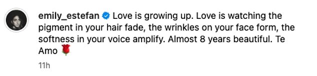 'Love is growing. Love is watching the pigment in your hair fade, the wrinkles form on your face, the softness of your voice amplify. Almost 8 years beautiful. I love you,' he wrote in the caption.