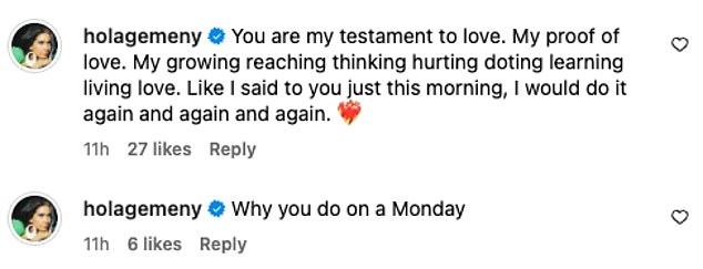 Gemeny commented on the post and wrote: 'You are my testimony of love. My proof of love. My growing reach, thought, pain, affection, learning, life, love.