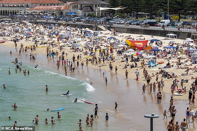 A heatwave warning remains in place for areas of New South Wales on Tuesday and is expected to worsen on Wednesday before easing later in the week (pictured, Bondi Beach on Sunday).