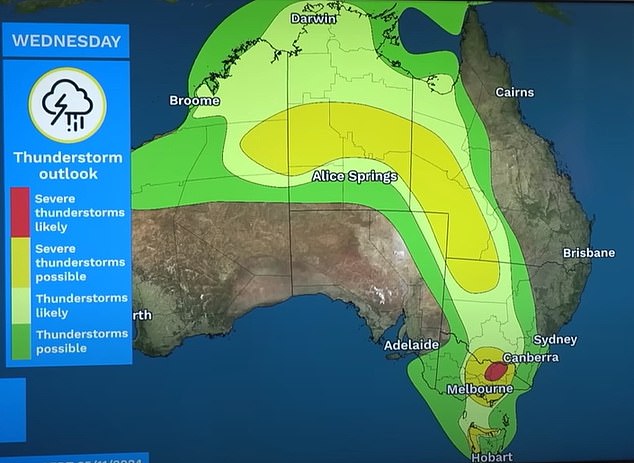 The severe storms are forecast to bring damaging winds, large hail and heavy rain, with a risk of flooding in some parts of the country (pictured, storms forecast across Australia).