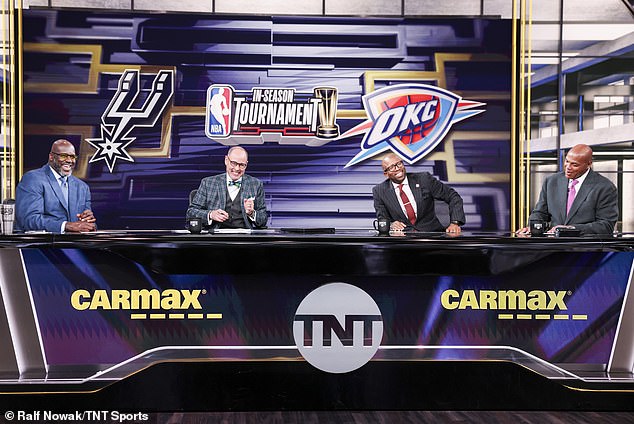 Shaquille O'Neal (left), Ernie Johnson (center left), Kenny Smith (center right) and Barkley (right) are seen during a broadcast of the 2023-2024 NBA season