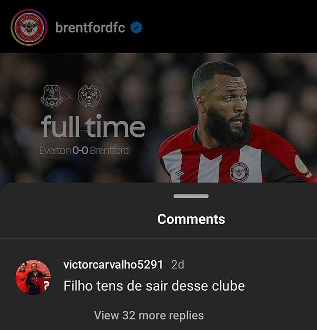 Victor Carvalho wrote 'Son, you have to leave this club' in a now-deleted social media post